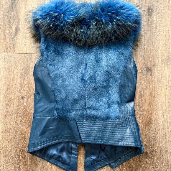 NWOT Blue Leather Vest Real Fox Fur S size - Picture 7 of 15